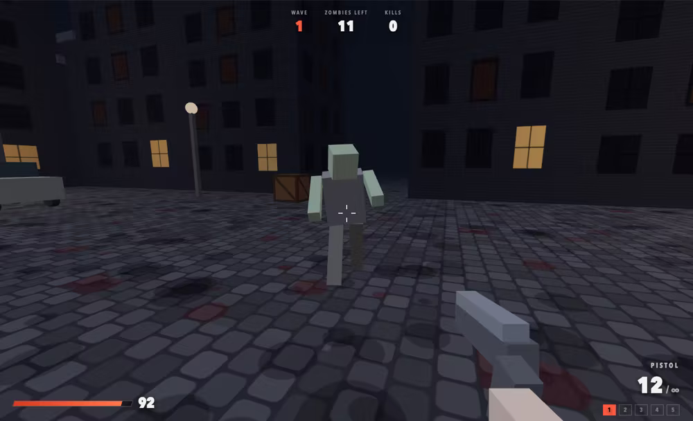 A blocky first-person shooter on a night-time city street.