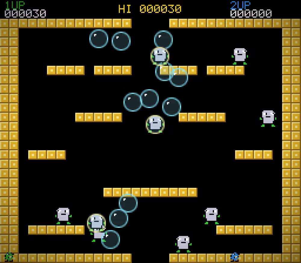 Bubble Buddies, a retro arcade game where bubbles trap wind-up robots.