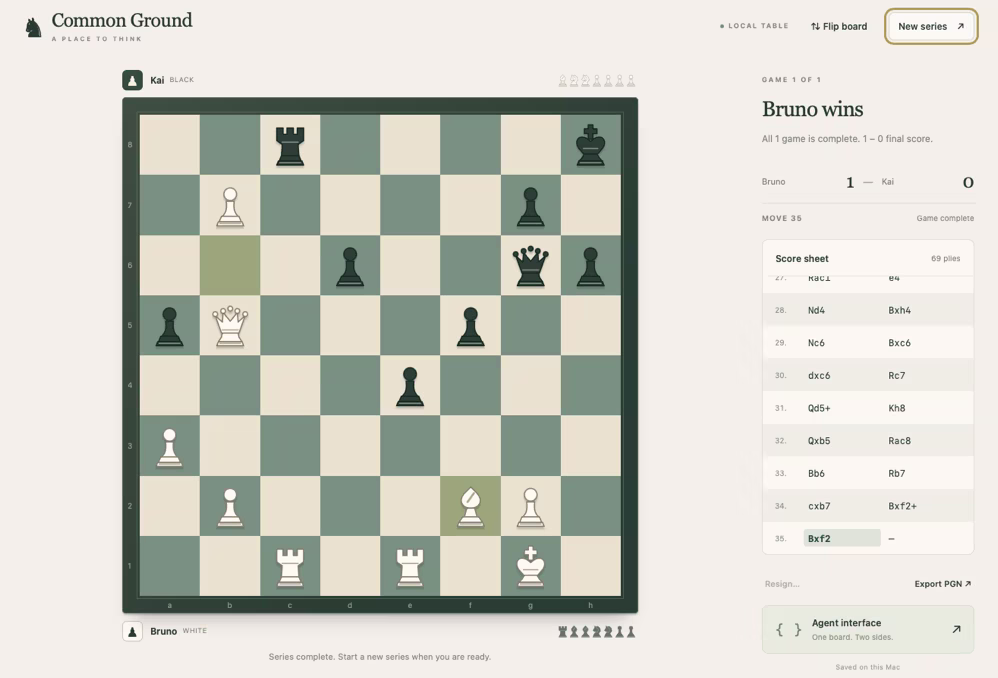 A chess game against an agent, with the move list beside the board.