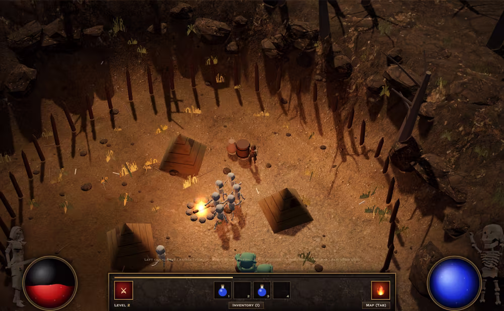 A torch-lit dungeon crawler with health and mana orbs.