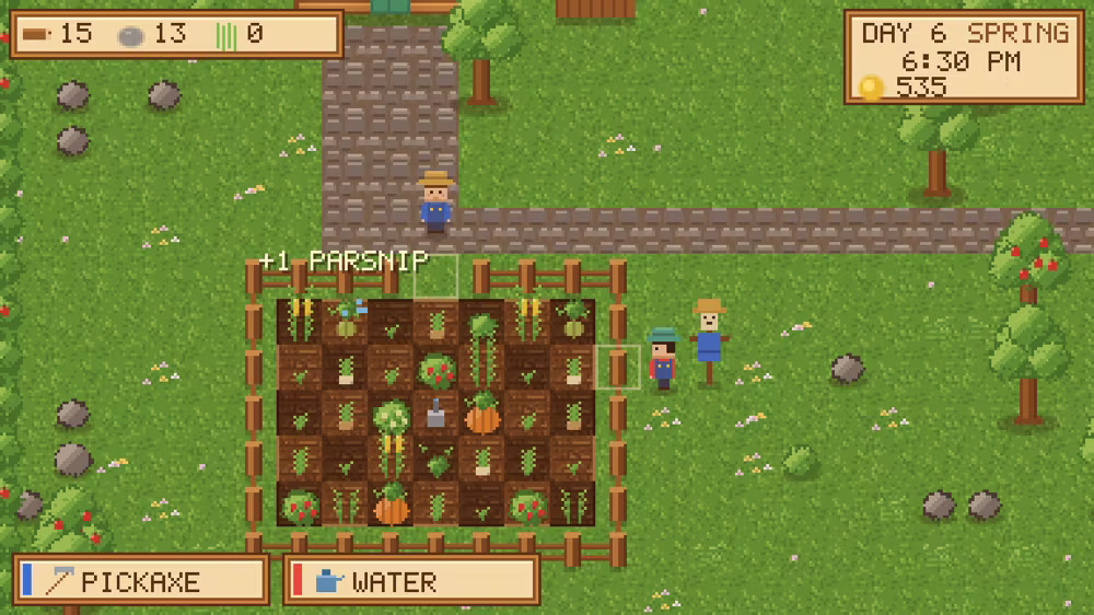 A pixel farming game with a vegetable patch and a farmer.