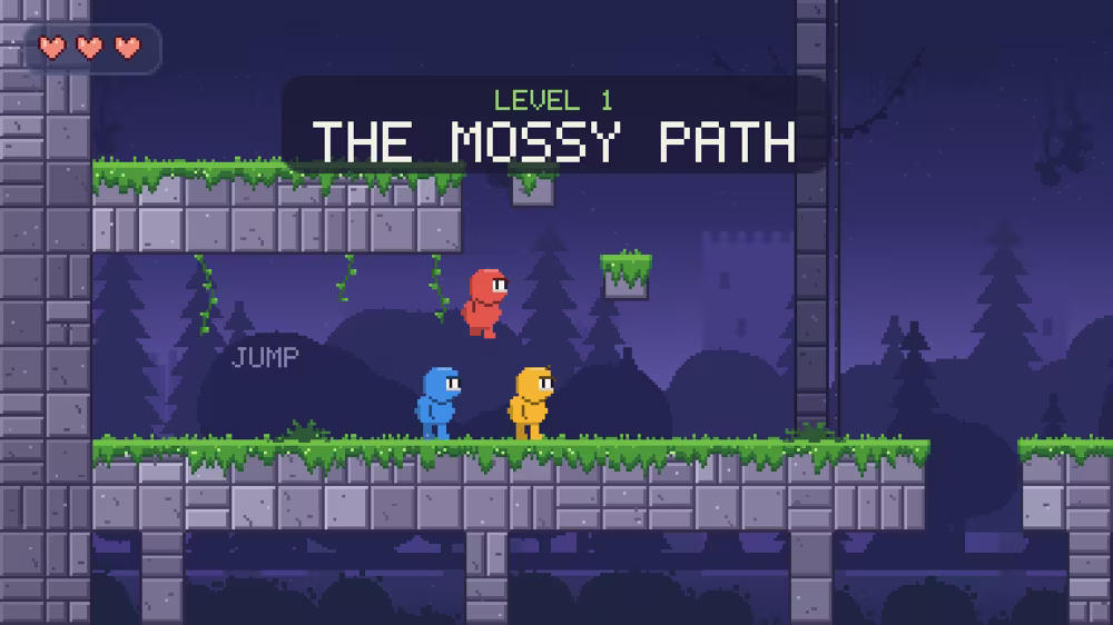 The Mossy Path, a co-op pixel platformer with three little heroes.