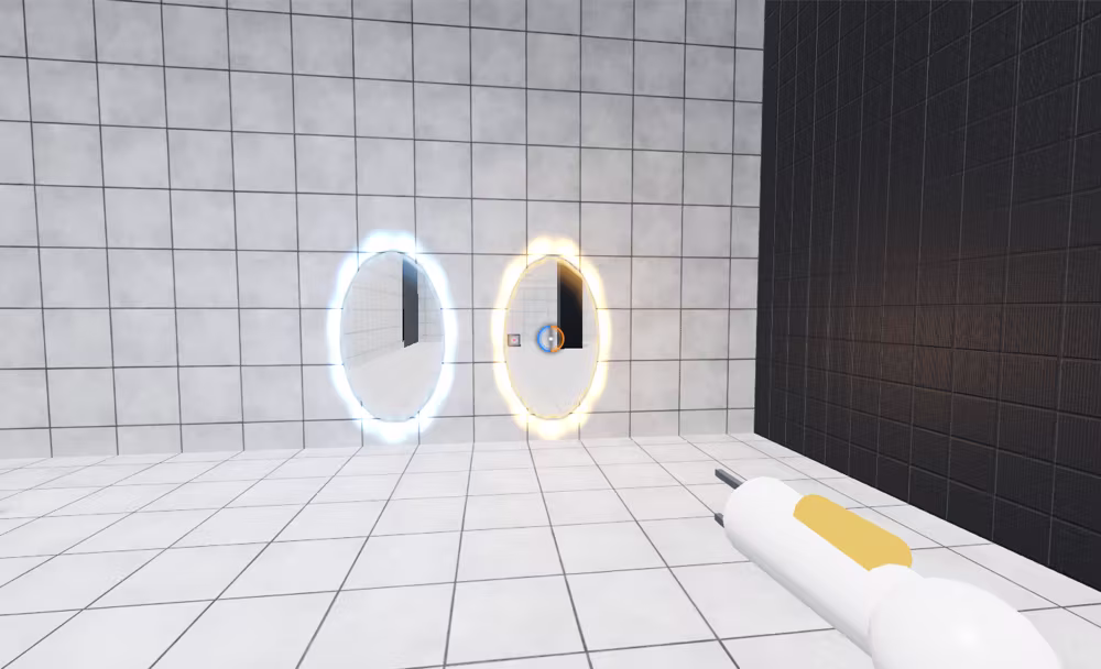 A first-person puzzle game with two glowing portals in a white test chamber.
