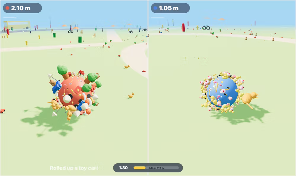 A split-screen game for two players, each rolling a ball through a sunny world.